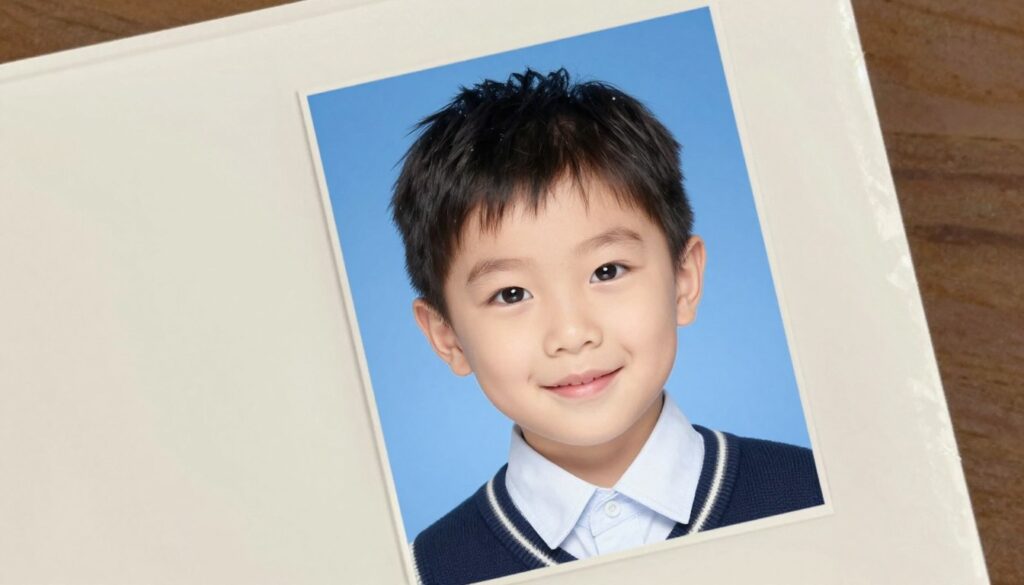A close-up photograph of a standard passport-style identification photo setup for a child's official document. The foreground features a blank, neutral backdrop in soft pastel colors to create a calming atmosphere. The child, a young boy around 7 years old, is smiling gently, dressed in a smart casual shirt and sweater. The lighting is soft and even, with a light source positioned at a 45-degree angle to eliminate harsh shadows. The image captures the boy's face clearly, aligning with the guidelines for identity photos, looking directly at the camera. The focus is sharp on the child's face, with a slight bokeh effect in the background to keep the viewer's attention on the subject. No text or watermarks are present. A close-up photograph of a standard passport-style identification photo setup for a child's official document. The foreground features a blank, neutral backdrop in soft pastel colors to create a calming atmosphere. The child, a young boy around 7 years old, is smiling gently, dressed in a smart casual shirt and sweater. The lighting is soft and even, with a light source positioned at a 45-degree angle to eliminate harsh shadows. The image captures the boy's face clearly, aligning with the guidelines for identity photos, looking directly at the camera. The focus is sharp on the child's face, with a slight bokeh effect in the background to keep the viewer's attention on the subject. No text or watermarks are present.