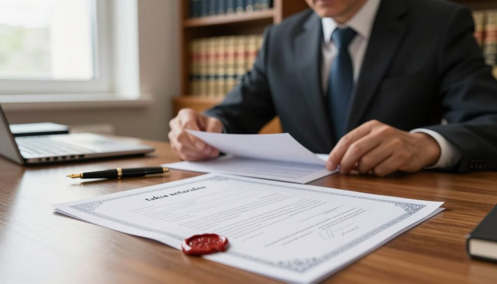 A close-up scene depicting a notary's office, showcasing a detailed "taksa notarialna" document prominently placed on a polished wooden desk. In the foreground, the document features intricate borders and a wax seal, symbolizing its importance. To the side, an elegant fountain pen rests, ready for signatures. In the middle ground, a middle-aged notary in professional attire examines the document with a focused expression, exuding trust and authority. The background includes shelves lined with legal books, softly illuminated by warm, natural light streaming in through a large window, creating a calm and professional atmosphere. The overall mood is serious and business-like, emphasizing the role of notarial fees in property ownership transfers. A close-up scene depicting a notary's office, showcasing a detailed "taksa notarialna" document prominently placed on a polished wooden desk. In the foreground, the document features intricate borders and a wax seal, symbolizing its importance. To the side, an elegant fountain pen rests, ready for signatures. In the middle ground, a middle-aged notary in professional attire examines the document with a focused expression, exuding trust and authority. The background includes shelves lined with legal books, softly illuminated by warm, natural light streaming in through a large window, creating a calm and professional atmosphere. The overall mood is serious and business-like, emphasizing the role of notarial fees in property ownership transfers.