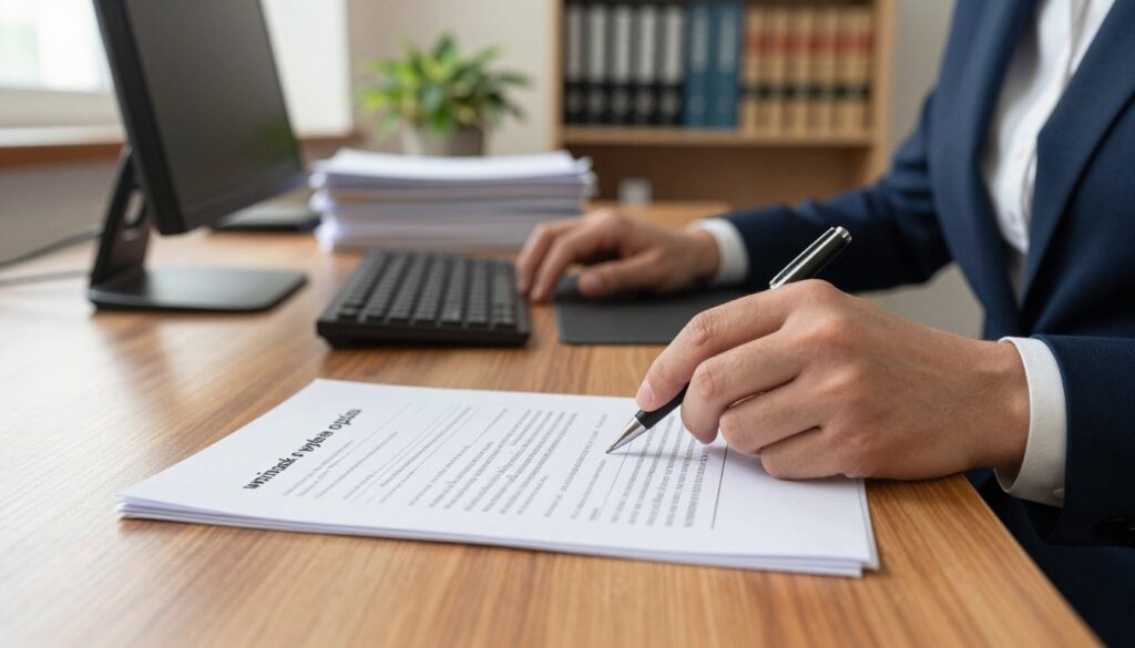 A close-up scene of a formal office workspace depicting a neatly arranged "wniosek o wydanie odpisu" form on a polished wooden desk. In the foreground, a hand holding a pen poised above the form, with a focused expression visible on a person dressed in professional business attire, emphasizing the act of applying for a document. The middle ground features a computer and stacks of neatly organized paperwork, indicating a busy administrative environment. In the background, a shelf filled with legal books and a plant to add a touch of life, bathed in warm, natural lighting filtering through a window. The atmosphere conveys professionalism, attention to detail, and a sense of purpose in completing the application process. A close-up scene of a formal office workspace depicting a neatly arranged "wniosek o wydanie odpisu" form on a polished wooden desk. In the foreground, a hand holding a pen poised above the form, with a focused expression visible on a person dressed in professional business attire, emphasizing the act of applying for a document. The middle ground features a computer and stacks of neatly organized paperwork, indicating a busy administrative environment. In the background, a shelf filled with legal books and a plant to add a touch of life, bathed in warm, natural lighting filtering through a window. The atmosphere conveys professionalism, attention to detail, and a sense of purpose in completing the application process.