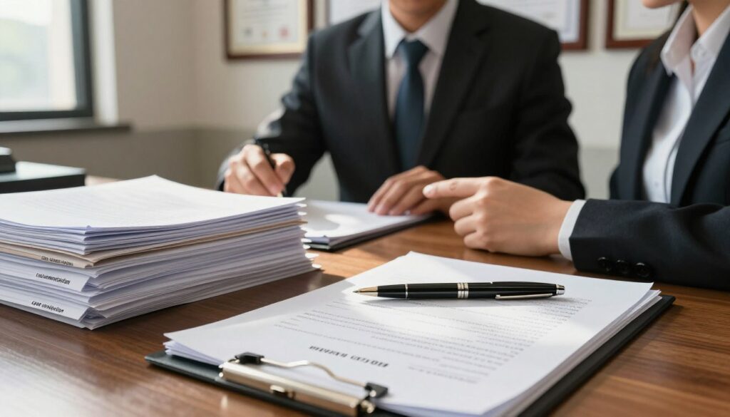 A close-up scene of a professional attorney's desk, highlighting various legal documents related to criminal cases. In the foreground, a neatly organized stack of legal files labeled with terms like "defense strategy," "client communication," and "case evaluation." A stylish pen rests on top of a legal contract, symbolizing the complexity of case pricing. In the middle layer, a confident lawyer in a tailored suit discusses the documents with a client, both engaged in a serious yet hopeful conversation. Natural light streams in from a nearby window, casting soft shadows, creating an atmosphere of professionalism and trust. The background features a wall with certificates and awards hanging prominently, emphasizing expertise in criminal law. The overall mood conveys diligence and the crucial elements influencing legal fees. A close-up scene of a professional attorney's desk, highlighting various legal documents related to criminal cases. In the foreground, a neatly organized stack of legal files labeled with terms like "defense strategy," "client communication," and "case evaluation." A stylish pen rests on top of a legal contract, symbolizing the complexity of case pricing. In the middle layer, a confident lawyer in a tailored suit discusses the documents with a client, both engaged in a serious yet hopeful conversation. Natural light streams in from a nearby window, casting soft shadows, creating an atmosphere of professionalism and trust. The background features a wall with certificates and awards hanging prominently, emphasizing expertise in criminal law. The overall mood conveys diligence and the crucial elements influencing legal fees.