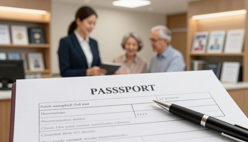 A close-up shot of a filled-out passport application form, prominently featuring a standard layout with sections for personal information. The foreground showcases a neatly arranged pen beside the application, hinting at the act of filling out the form. In the middle ground, a blurred view of a passport office, with a friendly clerk in professional business attire assisting an elderly couple in the background, symbolizing the submission process. The background includes shelves with brochures about passport services, illuminated by warm overhead lighting creating an inviting atmosphere. The overall mood is organized and hopeful, resonating with the theme of embarking on a journey. The image should be clear and professional, devoid of text or watermarks. A close-up shot of a filled-out passport application form, prominently featuring a standard layout with sections for personal information. The foreground showcases a neatly arranged pen beside the application, hinting at the act of filling out the form. In the middle ground, a blurred view of a passport office, with a friendly clerk in professional business attire assisting an elderly couple in the background, symbolizing the submission process. The background includes shelves with brochures about passport services, illuminated by warm overhead lighting creating an inviting atmosphere. The overall mood is organized and hopeful, resonating with the theme of embarking on a journey. The image should be clear and professional, devoid of text or watermarks.