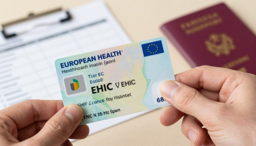 A close-up view of a European Health Insurance Card (EHIC) prominently displayed in the foreground, featuring its typical layout and colors. In the middle, a hand is holding the card against a simple, neutral background, which suggests a well-lit office environment. Soft, natural lighting creates a warm atmosphere, highlighting the card's details. The background includes a blurred travel checklist and a passport opened nearby, reinforcing the theme of preparing for travel. The image should convey a sense of professionalism and care, reflecting the importance of health insurance for travelers in Europe. No texts, captions, or watermark should be present.