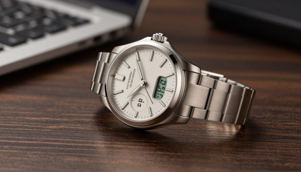 A close-up view of a Lige wristwatch displayed elegantly on a dark wooden surface. The watch features a stainless steel body with intricate details, showcasing its craftsmanship. The dial is designed with a combination of analog and digital elements, illuminated by soft, warm lighting that highlights its textures and reflective surfaces. In the background, a blurred professional workspace is subtly visible, suggesting a setting of quality and sophistication. The focus should capture the watch at a slight angle, emphasizing its stylish design and premium materials. The overall mood should convey elegance and durability, reflecting the watch's high-quality construction and appealing to discerning buyers. A close-up view of a Lige wristwatch displayed elegantly on a dark wooden surface. The watch features a stainless steel body with intricate details, showcasing its craftsmanship. The dial is designed with a combination of analog and digital elements, illuminated by soft, warm lighting that highlights its textures and reflective surfaces. In the background, a blurred professional workspace is subtly visible, suggesting a setting of quality and sophistication. The focus should capture the watch at a slight angle, emphasizing its stylish design and premium materials. The overall mood should convey elegance and durability, reflecting the watch's high-quality construction and appealing to discerning buyers.