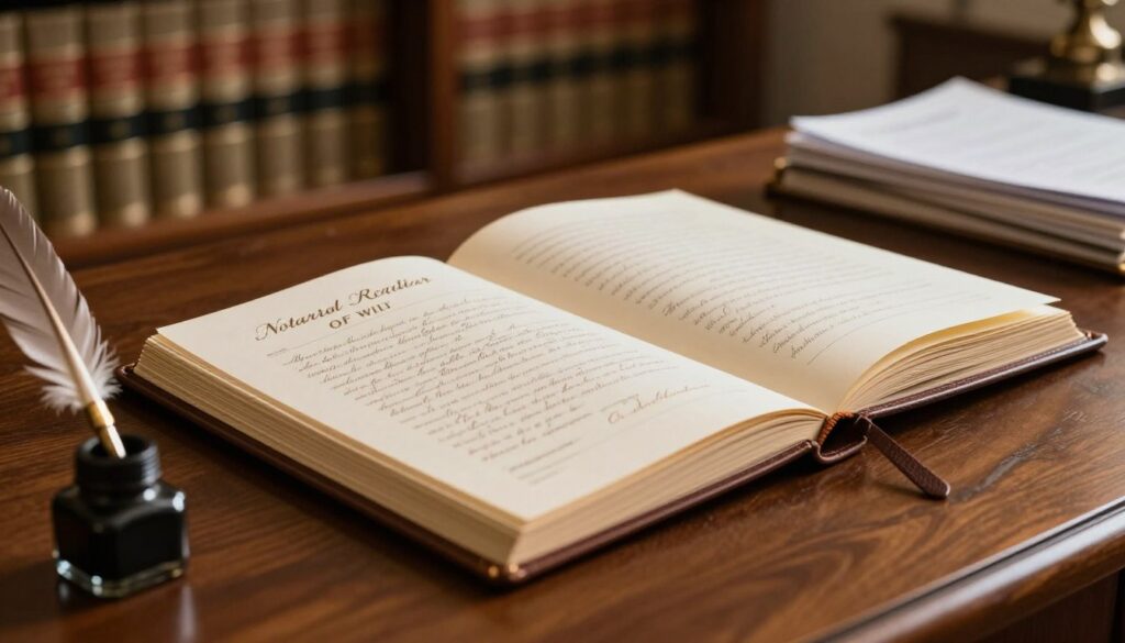 A close-up view of a Notarial Register of Wills, elegantly bound in dark leather, placed on a polished wooden desk. The foreground features an ornate quill pen and a small inkwell, highlighting the traditional aspect of notarial work. In the middle ground, a neatly opened register displays the elegant, handwritten entries in beautiful calligraphy, signifying its importance in safeguarding last wills. The background shows a softly lit office environment with shelves filled with legal books and documents, creating a warm, professional atmosphere. The lighting is warm and inviting, emphasizing the seriousness and integrity of notarial duties. The scene conveys a sense of trust, security, and tradition in legal practices related to wills. A close-up view of a Notarial Register of Wills, elegantly bound in dark leather, placed on a polished wooden desk. The foreground features an ornate quill pen and a small inkwell, highlighting the traditional aspect of notarial work. In the middle ground, a neatly opened register displays the elegant, handwritten entries in beautiful calligraphy, signifying its importance in safeguarding last wills. The background shows a softly lit office environment with shelves filled with legal books and documents, creating a warm, professional atmosphere. The lighting is warm and inviting, emphasizing the seriousness and integrity of notarial duties. The scene conveys a sense of trust, security, and tradition in legal practices related to wills.