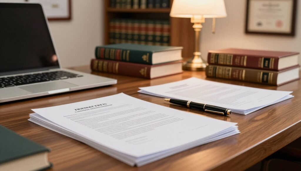 A close-up view of a beautifully arranged desk in a notary’s office, featuring essential documents for a preliminary agreement. The foreground includes a neatly stacked pile of papers, including contracts, identification documents, and property deeds, with a sophisticated fountain pen resting nearby. In the middle, a polished wooden desk with a laptop, a stack of legal books, and an elegant desk lamp emitting warm light, creating a professional ambiance. The background reveals shelves filled with legal texts and framed certificates on the walls. The scene is well-lit, emphasizing the clarity of the documents. The atmosphere is inviting and formal, portraying a serious yet approachable environment for legal matters related to property agreements. A close-up view of a beautifully arranged desk in a notary’s office, featuring essential documents for a preliminary agreement. The foreground includes a neatly stacked pile of papers, including contracts, identification documents, and property deeds, with a sophisticated fountain pen resting nearby. In the middle, a polished wooden desk with a laptop, a stack of legal books, and an elegant desk lamp emitting warm light, creating a professional ambiance. The background reveals shelves filled with legal texts and framed certificates on the walls. The scene is well-lit, emphasizing the clarity of the documents. The atmosphere is inviting and formal, portraying a serious yet approachable environment for legal matters related to property agreements.