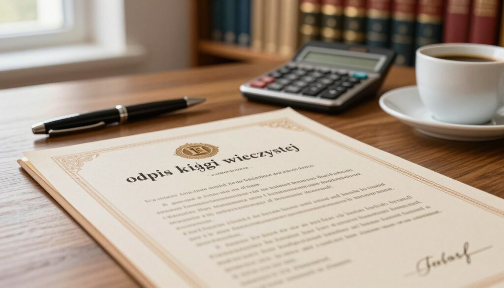 A close-up view of a beautifully designed "odpis księgi wieczystej" document laid on a polished wooden desk. The foreground features intricate details of the document, showcasing the official seal and elegant typography, reflecting its importance. In the middle ground, a well-organized workspace includes a sleek pen, a calculator, and a cup of coffee, symbolizing the process of financial calculations and decisions related to property. The background consists of a blurred bookshelf filled with legal texts and property law books, adding a scholarly touch. Warm, natural lighting filters in from a nearby window, creating an inviting atmosphere that conveys professionalism and trust. The overall mood is informative and focused, perfect for illustrating a financial or legal context. A close-up view of a beautifully designed "odpis księgi wieczystej" document laid on a polished wooden desk. The foreground features intricate details of the document, showcasing the official seal and elegant typography, reflecting its importance. In the middle ground, a well-organized workspace includes a sleek pen, a calculator, and a cup of coffee, symbolizing the process of financial calculations and decisions related to property. The background consists of a blurred bookshelf filled with legal texts and property law books, adding a scholarly touch. Warm, natural lighting filters in from a nearby window, creating an inviting atmosphere that conveys professionalism and trust. The overall mood is informative and focused, perfect for illustrating a financial or legal context.