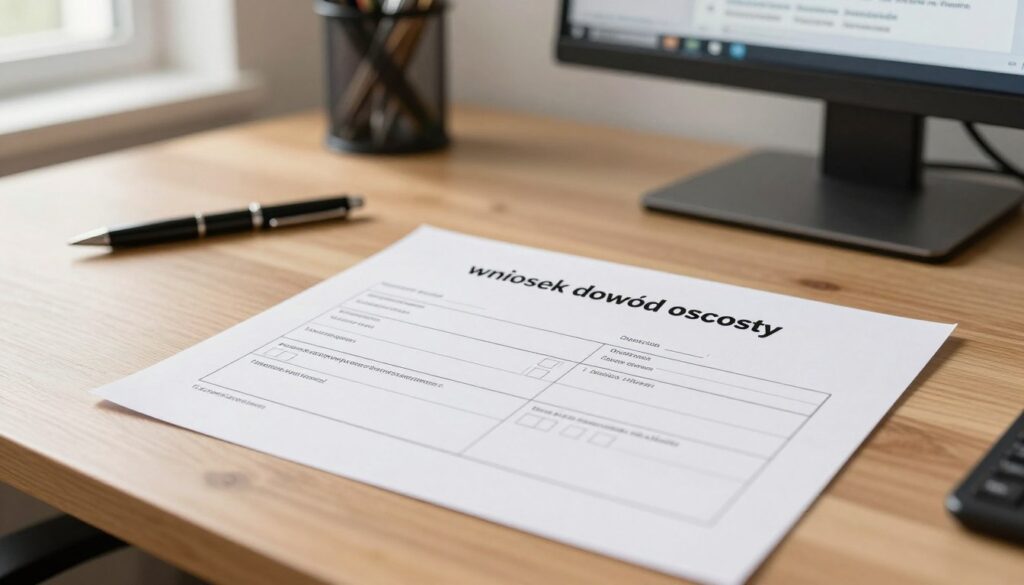 A close-up view of a filled-out identity card application form titled "wniosek dowód osobisty," placed on a modern wooden desk with office supplies like a pen and a computer in the background. Soft, natural lighting from a nearby window casts gentle shadows, creating a calm and focused atmosphere. The application form should feature blank sections and checkboxes to emphasize its official nature, lying next to a government building's image faintly visible on a computer screen, showing a website for online submission. The office is uncluttered, with a professional aesthetic, reflecting the importance of the application process. No people are present, ensuring the focus remains entirely on the application and workspace. A close-up view of a filled-out identity card application form titled "wniosek dowód osobisty," placed on a modern wooden desk with office supplies like a pen and a computer in the background. Soft, natural lighting from a nearby window casts gentle shadows, creating a calm and focused atmosphere. The application form should feature blank sections and checkboxes to emphasize its official nature, lying next to a government building's image faintly visible on a computer screen, showing a website for online submission. The office is uncluttered, with a professional aesthetic, reflecting the importance of the application process. No people are present, ensuring the focus remains entirely on the application and workspace.
