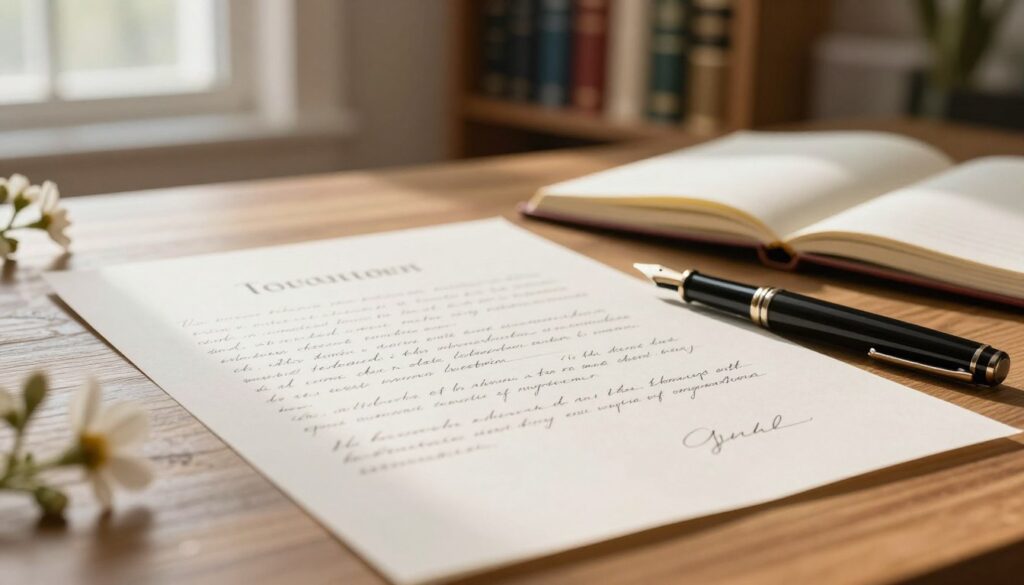 A close-up view of a handwritten testament on a wooden desk, emphasizing the clarity of the neatly penned script. The document features elegant handwriting, with a fountain pen lying beside it, glinting softly under warm, natural light streaming through a nearby window. In the background, a blurred bookshelf filled with legal books and an open notepad suggests a professional setting. Surrounding the desk, a few sprigs of fresh flowers add a touch of warmth and tranquility to the atmosphere. The color palette leans towards soft earth tones, conveying a sense of calm and seriousness. This image should reflect a sense of reliability and professionalism, perfect for illustrating a discussion on personal estate management. A close-up view of a handwritten testament on a wooden desk, emphasizing the clarity of the neatly penned script. The document features elegant handwriting, with a fountain pen lying beside it, glinting softly under warm, natural light streaming through a nearby window. In the background, a blurred bookshelf filled with legal books and an open notepad suggests a professional setting. Surrounding the desk, a few sprigs of fresh flowers add a touch of warmth and tranquility to the atmosphere. The color palette leans towards soft earth tones, conveying a sense of calm and seriousness. This image should reflect a sense of reliability and professionalism, perfect for illustrating a discussion on personal estate management.