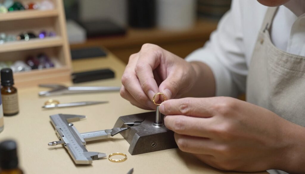 A close-up view of a jeweler's workbench, showcasing the process of resizing a ring. In the foreground, a delicate gold wedding band is placed on a jeweler's tool, with measuring calipers and various small tools scattered around. The middle ground highlights the jeweler's hands, professionally clad in a white shirt and apron, carefully adjusting the ring on a mandrel. In the background, a softly lit workshop filled with shelves of gemstones and jewelry-making supplies creates an inviting atmosphere. The lighting is warm and focused on the ring, emphasizing its shine and intricate detail. The mood conveys craftsmanship and precision in jewelry alteration, highlighting the art of resizing rings. A close-up view of a jeweler's workbench, showcasing the process of resizing a ring. In the foreground, a delicate gold wedding band is placed on a jeweler's tool, with measuring calipers and various small tools scattered around. The middle ground highlights the jeweler's hands, professionally clad in a white shirt and apron, carefully adjusting the ring on a mandrel. In the background, a softly lit workshop filled with shelves of gemstones and jewelry-making supplies creates an inviting atmosphere. The lighting is warm and focused on the ring, emphasizing its shine and intricate detail. The mood conveys craftsmanship and precision in jewelry alteration, highlighting the art of resizing rings.