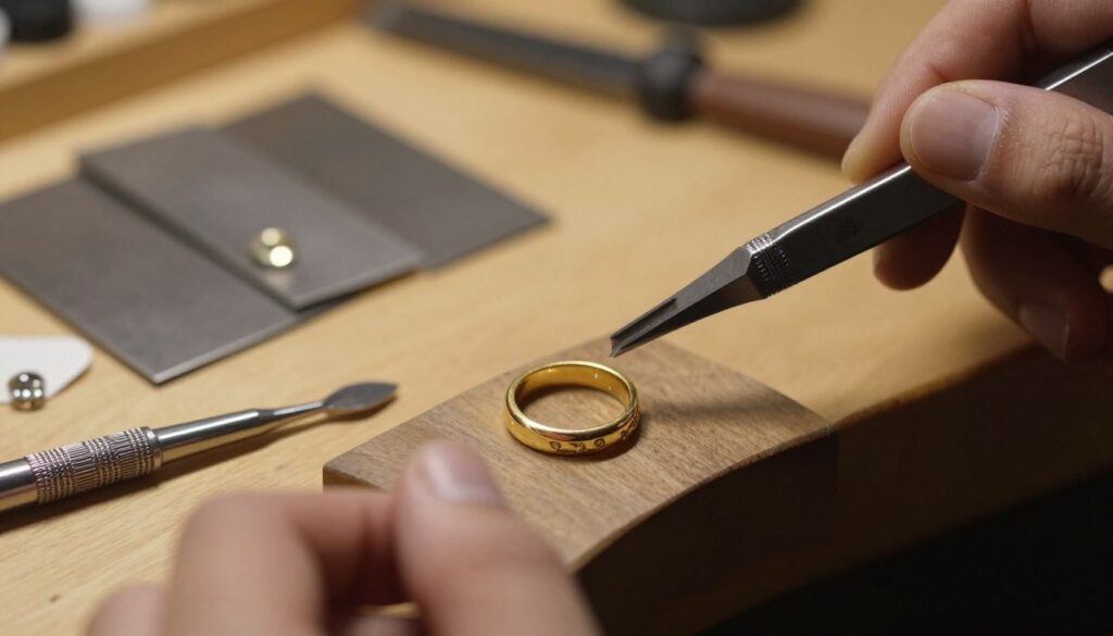 A close-up view of a jewelry workbench focusing on a gold ring being resized. In the foreground, showcase the ring near a set of delicate tools such as a ring mandrel and a jeweler's saw. In the middle ground, include a soft-focus background with neatly arranged metal sheets and gemstones to represent material constraints in resizing. The lighting should be warm and intimate, casting gentle shadows to highlight the tools and the ring's intricate details. Use a shallow depth of field to emphasize the ring and tools while softly blurring the background, creating an atmosphere of craftsmanship and professionalism in a jewelry workshop. A close-up view of a jewelry workbench focusing on a gold ring being resized. In the foreground, showcase the ring near a set of delicate tools such as a ring mandrel and a jeweler's saw. In the middle ground, include a soft-focus background with neatly arranged metal sheets and gemstones to represent material constraints in resizing. The lighting should be warm and intimate, casting gentle shadows to highlight the tools and the ring's intricate details. Use a shallow depth of field to emphasize the ring and tools while softly blurring the background, creating an atmosphere of craftsmanship and professionalism in a jewelry workshop.
