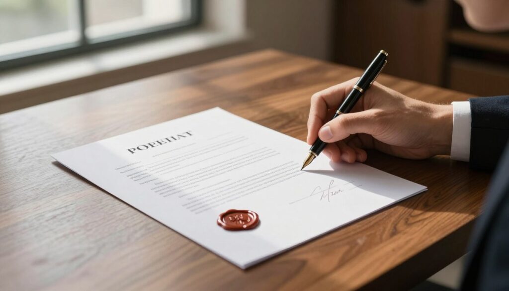 A close-up view of a notarial power of attorney document, elegantly displayed on a polished wooden desk. The document features intricate legal text and a prominent wax seal, signifying its importance. In the background, soft natural light streams through a large window, casting gentle shadows that enhance the document's texture. A professional-looking person in business attire, with neat hair, is poised to sign the document with a fountain pen, demonstrating the process of formalizing a notarial act. The overall atmosphere is one of professionalism and trust, evoking a sense of seriousness and reliability in legal matters. The color palette is warm and inviting, with rich wood tones and soft whites, creating a sense of confidentiality and importance. A close-up view of a notarial power of attorney document, elegantly displayed on a polished wooden desk. The document features intricate legal text and a prominent wax seal, signifying its importance. In the background, soft natural light streams through a large window, casting gentle shadows that enhance the document's texture. A professional-looking person in business attire, with neat hair, is poised to sign the document with a fountain pen, demonstrating the process of formalizing a notarial act. The overall atmosphere is one of professionalism and trust, evoking a sense of seriousness and reliability in legal matters. The color palette is warm and inviting, with rich wood tones and soft whites, creating a sense of confidentiality and importance.