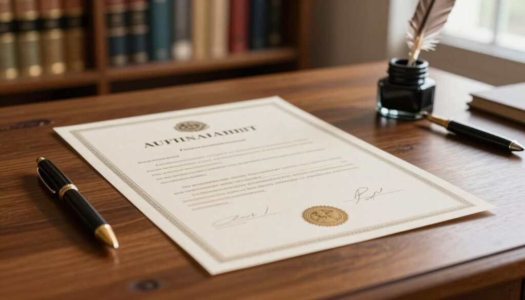 A close-up view of a notary public document, intricately detailed as a legal notarization certificate, with elegant borders and an official seal. The document is placed on a polished wooden desk, surrounded by a quill pen and an ink pot to evoke a traditional feel. In the background, a softly blurred bookshelf filled with legal texts enhances the scholarly atmosphere. Warm, natural lighting filters through a nearby window, casting gentle shadows that add depth and focus to the document. The overall mood is formal and respectful, emphasizing the importance of the notarized document. No human subjects are present to maintain a professional and clean aesthetic, ensuring the focus remains on the notarial document itself. A close-up view of a notary public document, intricately detailed as a legal notarization certificate, with elegant borders and an official seal. The document is placed on a polished wooden desk, surrounded by a quill pen and an ink pot to evoke a traditional feel. In the background, a softly blurred bookshelf filled with legal texts enhances the scholarly atmosphere. Warm, natural lighting filters through a nearby window, casting gentle shadows that add depth and focus to the document. The overall mood is formal and respectful, emphasizing the importance of the notarized document. No human subjects are present to maintain a professional and clean aesthetic, ensuring the focus remains on the notarial document itself.