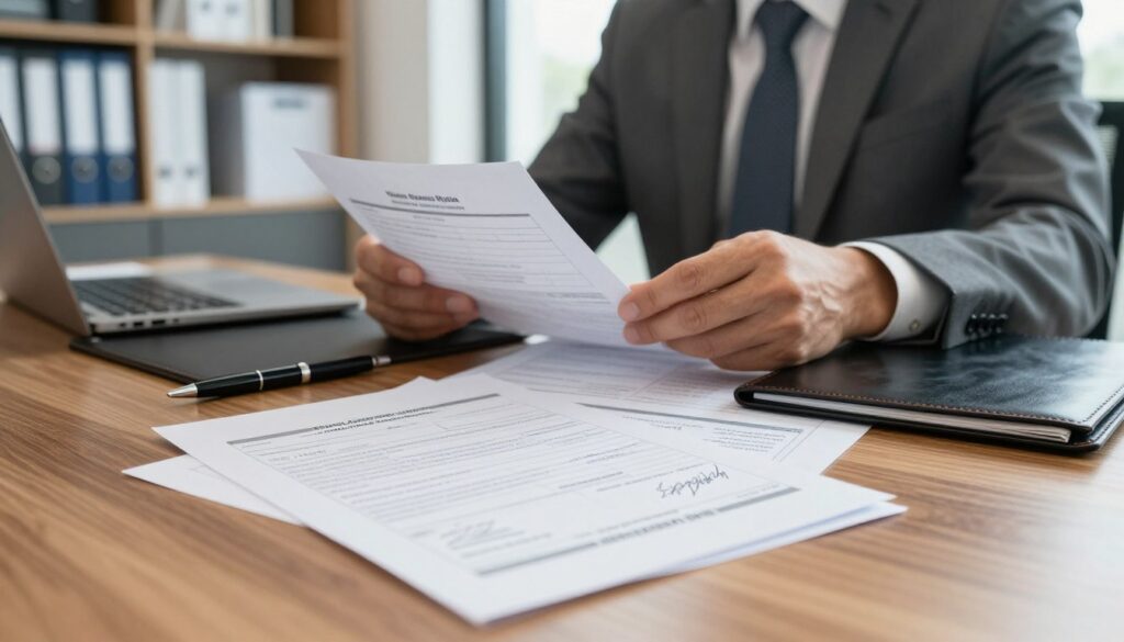 A close-up view of a polished wooden desk cluttered with professional documents. In the foreground, a neatly filled application form for a vehicle registration certificate, complete with signatures and official stamps, sits prominently. To the side, a sleek black pen rests atop an open leather-bound folder. In the middle ground, a well-dressed individual, a middle-aged man in a tailored suit, is attentively examining the form with a focused expression, symbolizing the act of submitting the application. The background features a modern office environment, with shelves of files and a large window allowing soft, natural light to illuminate the scene. The atmosphere is serious yet hopeful, reflecting the importance of the registration process. A close-up view of a polished wooden desk cluttered with professional documents. In the foreground, a neatly filled application form for a vehicle registration certificate, complete with signatures and official stamps, sits prominently. To the side, a sleek black pen rests atop an open leather-bound folder. In the middle ground, a well-dressed individual, a middle-aged man in a tailored suit, is attentively examining the form with a focused expression, symbolizing the act of submitting the application. The background features a modern office environment, with shelves of files and a large window allowing soft, natural light to illuminate the scene. The atmosphere is serious yet hopeful, reflecting the importance of the registration process.
