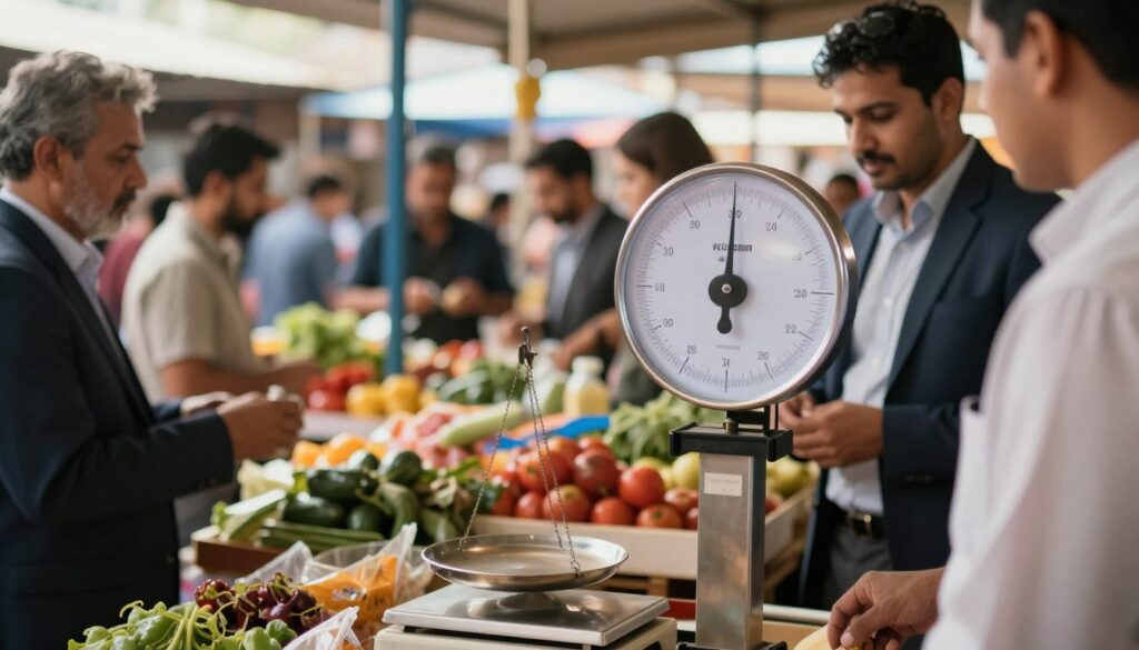 A close-up view of a precision weighing scale in a bustling marketplace setting, symbolizing the importance of scale certification in trade. In the foreground, the weighing scale displays crystal-clear measurements, glinting under warm, natural lighting. The middle layer features diverse tradespeople, dressed in professional business attire, engaging around the scale, showcasing their intention to weigh goods accurately. In the background, a vibrant marketplace with stalls filled with fresh produce and packaged goods creates a lively atmosphere. Soft focus on surrounding crowds adds depth, while the scene captures a sense of accountability and trust in commercial transactions related to weight and measurement. A close-up view of a precision weighing scale in a bustling marketplace setting, symbolizing the importance of scale certification in trade. In the foreground, the weighing scale displays crystal-clear measurements, glinting under warm, natural lighting. The middle layer features diverse tradespeople, dressed in professional business attire, engaging around the scale, showcasing their intention to weigh goods accurately. In the background, a vibrant marketplace with stalls filled with fresh produce and packaged goods creates a lively atmosphere. Soft focus on surrounding crowds adds depth, while the scene captures a sense of accountability and trust in commercial transactions related to weight and measurement.