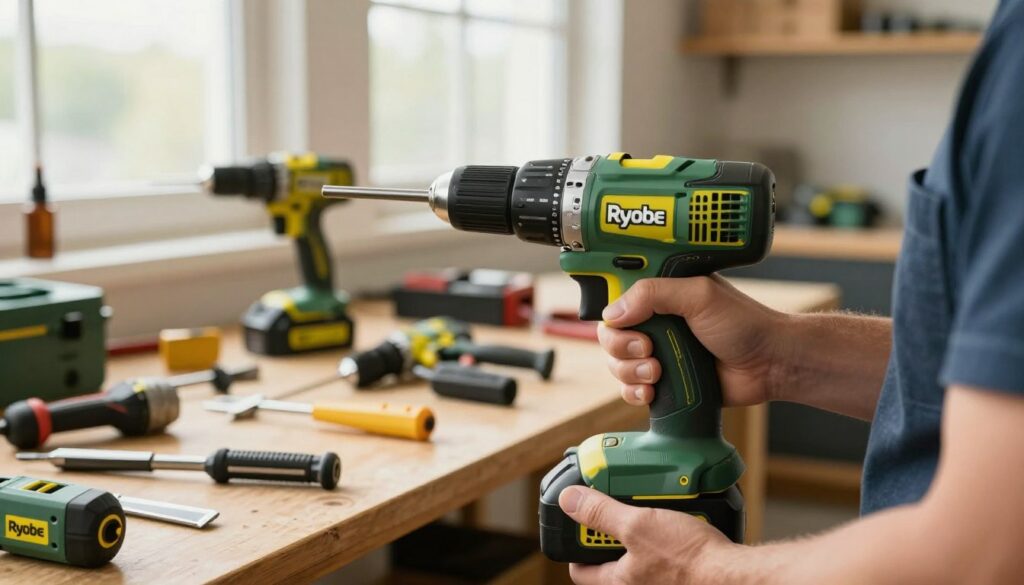 A close-up view of a professional tradesperson using a Ryobi power tool at a well-organized workshop. The foreground features a focus on the tradesperson's hands, gripping a Ryobi drill with precision, demonstrating its quality. In the middle ground, a neatly arranged workbench displays various Ryobi tools and tools accessories, reflecting a sense of reliability and efficiency. The background shows a bright and airy workshop space with natural light streaming in through large windows, creating a warm and inviting atmosphere. The overall mood is one of craftsmanship and satisfaction, emphasizing user experience and trust in Ryobi power tools, with colors resonating with the brand’s signature green and yellow tones. No text or additional elements present. A close-up view of a professional tradesperson using a Ryobi power tool at a well-organized workshop. The foreground features a focus on the tradesperson's hands, gripping a Ryobi drill with precision, demonstrating its quality. In the middle ground, a neatly arranged workbench displays various Ryobi tools and tools accessories, reflecting a sense of reliability and efficiency. The background shows a bright and airy workshop space with natural light streaming in through large windows, creating a warm and inviting atmosphere. The overall mood is one of craftsmanship and satisfaction, emphasizing user experience and trust in Ryobi power tools, with colors resonating with the brand’s signature green and yellow tones. No text or additional elements present.