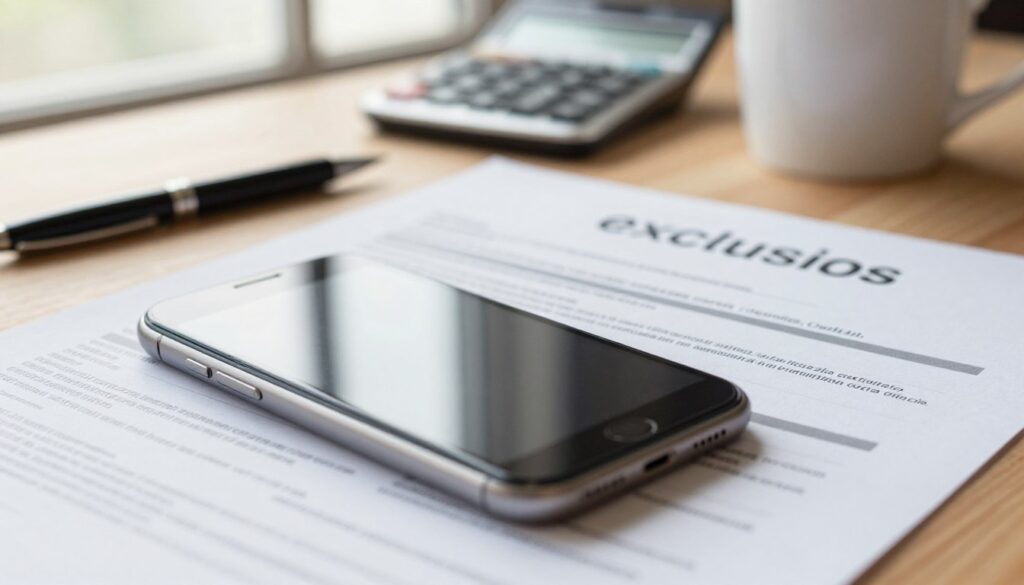 A close-up view of a smartphone lying on a wooden desk, with an insurance policy document partially visible beside it. The document features intricate details, including fine print with highlighted sections labeled "exclusions." In the background, gently blurred, are office supplies like a pen, calculator, and a coffee mug, suggesting a professional environment. Soft, natural lighting filters in from a nearby window, creating a warm and inviting atmosphere. The focus is on the smartphone and the policy, emphasizing the theme of insurance exclusions. Capture an angle that conveys depth, ensuring clarity and detail are highlighted, invoking a thoughtful and serious mood regarding insurance decisions. A close-up view of a smartphone lying on a wooden desk, with an insurance policy document partially visible beside it. The document features intricate details, including fine print with highlighted sections labeled "exclusions." In the background, gently blurred, are office supplies like a pen, calculator, and a coffee mug, suggesting a professional environment. Soft, natural lighting filters in from a nearby window, creating a warm and inviting atmosphere. The focus is on the smartphone and the policy, emphasizing the theme of insurance exclusions. Capture an angle that conveys depth, ensuring clarity and detail are highlighted, invoking a thoughtful and serious mood regarding insurance decisions.