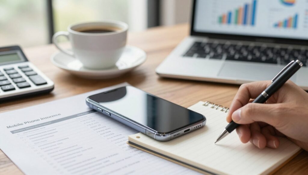 A close-up view of a smartphone with a glossy, modern design resting on a wooden desk, surrounded by various insurance documents and a calculator. In the foreground, focus on a hand holding a pen, poised over a notepad with notes about phone insurance prices. The middle ground features a cup of coffee and a laptop partially open, with graphs and charts visible on the screen, suggesting analysis of different insurance options. In the background, soft natural light filters through a window, creating a warm and inviting atmosphere. The composition should evoke a sense of financial consideration and professionalism, perfect for a topic on mobile phone insurance costs and their value. A close-up view of a smartphone with a glossy, modern design resting on a wooden desk, surrounded by various insurance documents and a calculator. In the foreground, focus on a hand holding a pen, poised over a notepad with notes about phone insurance prices. The middle ground features a cup of coffee and a laptop partially open, with graphs and charts visible on the screen, suggesting analysis of different insurance options. In the background, soft natural light filters through a window, creating a warm and inviting atmosphere. The composition should evoke a sense of financial consideration and professionalism, perfect for a topic on mobile phone insurance costs and their value.