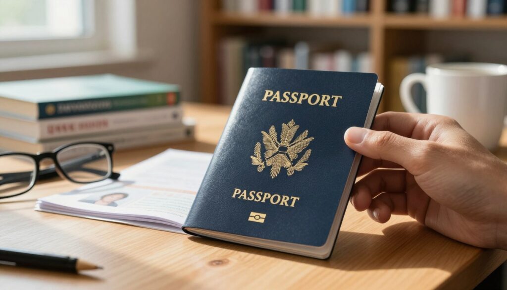 A close-up view of a student's passport, showcasing its distinctive features such as the emblematic cover and personal identification page, placed on a wooden desk surrounded by university textbooks and study materials. In the background, softly blurred shelves filled with educational resources, emphasizing a scholarly environment. Natural sunlight streams through a window, casting warm, inviting light on the passport, creating a cozy study atmosphere. A pair of eyeglasses and a coffee mug can be seen beside the passport, adding to the sense of focus and study. The overall mood is one of academic diligence and anticipation, highlighting the importance of a student passport during educational pursuits abroad. A close-up view of a student's passport, showcasing its distinctive features such as the emblematic cover and personal identification page, placed on a wooden desk surrounded by university textbooks and study materials. In the background, softly blurred shelves filled with educational resources, emphasizing a scholarly environment. Natural sunlight streams through a window, casting warm, inviting light on the passport, creating a cozy study atmosphere. A pair of eyeglasses and a coffee mug can be seen beside the passport, adding to the sense of focus and study. The overall mood is one of academic diligence and anticipation, highlighting the importance of a student passport during educational pursuits abroad.