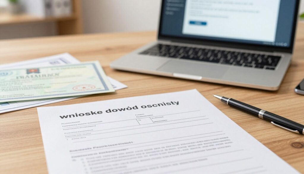 A close-up view of an official Polish identity card application form, titled "wniosek dowód osobisty". The foreground features the form placed on a clean, wooden table, with a pen and a few necessary documents, such as a birth certificate and proof of address, strategically arranged beside it. In the middle, a neatly organized workspace includes a laptop showing a digital guide for filling out the application. The background is softly blurred, illustrating a cozy, well-lit office environment with warm lighting, accentuating a professional atmosphere. The image conveys a sense of preparation and importance, ideal for illustrating the necessary documents to submit an identity card application. A close-up view of an official Polish identity card application form, titled "wniosek dowód osobisty". The foreground features the form placed on a clean, wooden table, with a pen and a few necessary documents, such as a birth certificate and proof of address, strategically arranged beside it. In the middle, a neatly organized workspace includes a laptop showing a digital guide for filling out the application. The background is softly blurred, illustrating a cozy, well-lit office environment with warm lighting, accentuating a professional atmosphere. The image conveys a sense of preparation and importance, ideal for illustrating the necessary documents to submit an identity card application.