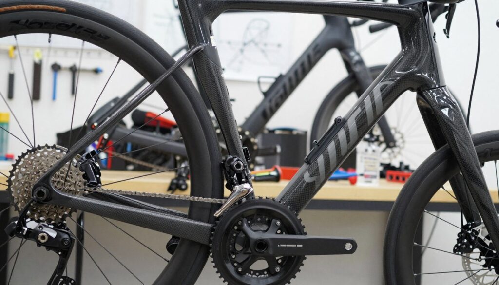 A close-up view of high-quality bike components, showcasing various intricate parts like gears, brakes, and frames crafted from innovative materials. In the foreground, focus on a sleek carbon fiber frame glistening under soft natural light. The middle ground features a blurred array of advanced gearing systems and brake calipers, highlighting their precision engineering. In the background, an elegant workshop setting with tools and schematics creates a professional atmosphere. The lighting is bright yet soft, creating a sense of clarity and expertise. Capture the mood of innovation and quality, emphasizing the craftsmanship that goes into high-performance bicycles while maintaining a clean, modern aesthetic. A close-up view of high-quality bike components, showcasing various intricate parts like gears, brakes, and frames crafted from innovative materials. In the foreground, focus on a sleek carbon fiber frame glistening under soft natural light. The middle ground features a blurred array of advanced gearing systems and brake calipers, highlighting their precision engineering. In the background, an elegant workshop setting with tools and schematics creates a professional atmosphere. The lighting is bright yet soft, creating a sense of clarity and expertise. Capture the mood of innovation and quality, emphasizing the craftsmanship that goes into high-performance bicycles while maintaining a clean, modern aesthetic.