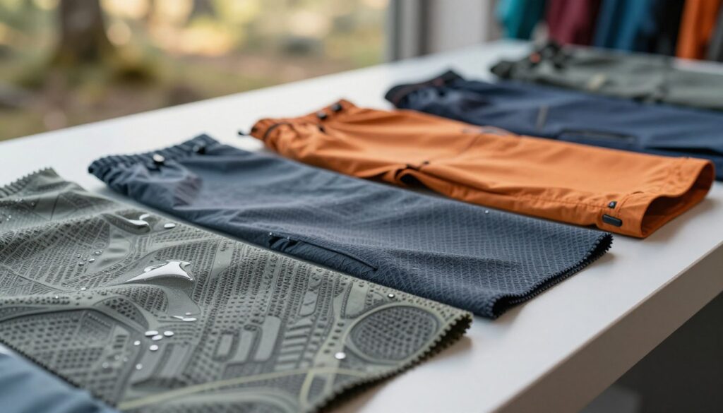 A close-up view of innovative textile technologies, featuring a variety of high-performance outdoor fabrics displayed on a sleek, modern backdrop. In the foreground, showcase a detailed textile swatch showcasing water-resistant, breathable materials, with intricate patterns reflective of cutting-edge technology. The middle ground should feature an assortment of outdoor apparel, like jackets and pants, displaying these fabrics in dynamic colors. The background should suggest an outdoor environment, blurred to emphasize the subject, with soft natural lighting filtering through, creating a warm and inviting atmosphere. Capture the essence of innovation and quality through sharp textures and vibrant colors, evoking a sense of adventure and exploration. A close-up view of innovative textile technologies, featuring a variety of high-performance outdoor fabrics displayed on a sleek, modern backdrop. In the foreground, showcase a detailed textile swatch showcasing water-resistant, breathable materials, with intricate patterns reflective of cutting-edge technology. The middle ground should feature an assortment of outdoor apparel, like jackets and pants, displaying these fabrics in dynamic colors. The background should suggest an outdoor environment, blurred to emphasize the subject, with soft natural lighting filtering through, creating a warm and inviting atmosphere. Capture the essence of innovation and quality through sharp textures and vibrant colors, evoking a sense of adventure and exploration.