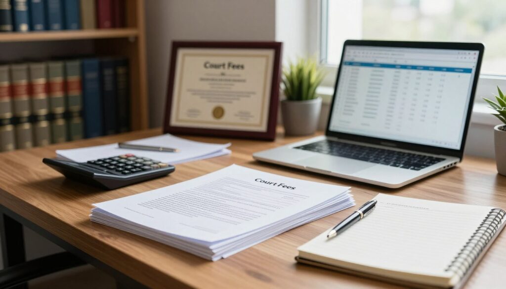 A cluttered desk in a professional law office setting, illuminated by soft, natural light coming from a nearby window. In the foreground, a wooden desk with a stack of legal documents titled "Court Fees" and a calculator, alongside a stylish pen and a notepad filled with notes. The middle ground features a framed certificate on the wall, symbolizing a law degree, while a laptop displays spreadsheets related to legal costs. In the background, shelves filled with law books and a potted plant add depth. The atmosphere conveys a sense of professionalism and diligence, emphasizing the financial aspects of legal proceedings. The composition captures the themes of additional court fees and expert witness costs without any text or distractions. A cluttered desk in a professional law office setting, illuminated by soft, natural light coming from a nearby window. In the foreground, a wooden desk with a stack of legal documents titled "Court Fees" and a calculator, alongside a stylish pen and a notepad filled with notes. The middle ground features a framed certificate on the wall, symbolizing a law degree, while a laptop displays spreadsheets related to legal costs. In the background, shelves filled with law books and a potted plant add depth. The atmosphere conveys a sense of professionalism and diligence, emphasizing the financial aspects of legal proceedings. The composition captures the themes of additional court fees and expert witness costs without any text or distractions.