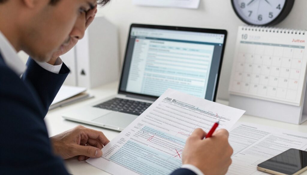 A cluttered office desk scene focusing on a person in professional business attire, looking frustrated while filling out tax forms. The foreground features a close-up of a paper form with numerous crossed-out mistakes and a red pen, symbolizing errors in filling. In the middle, there's a laptop open on a digital version of the same form, displaying common issues highlighted on the screen. The background includes a calendar marked with tax deadlines and a wall clock showing late hours, creating a sense of urgency. Soft, ambient lighting enhances the tension of the moment, and the angle is slightly tilted to convey chaos. The overall mood is one of stress and confusion, suitable for illustrating the common mistakes made during tax form submissions. A cluttered office desk scene focusing on a person in professional business attire, looking frustrated while filling out tax forms. The foreground features a close-up of a paper form with numerous crossed-out mistakes and a red pen, symbolizing errors in filling. In the middle, there's a laptop open on a digital version of the same form, displaying common issues highlighted on the screen. The background includes a calendar marked with tax deadlines and a wall clock showing late hours, creating a sense of urgency. Soft, ambient lighting enhances the tension of the moment, and the angle is slightly tilted to convey chaos. The overall mood is one of stress and confusion, suitable for illustrating the common mistakes made during tax form submissions.