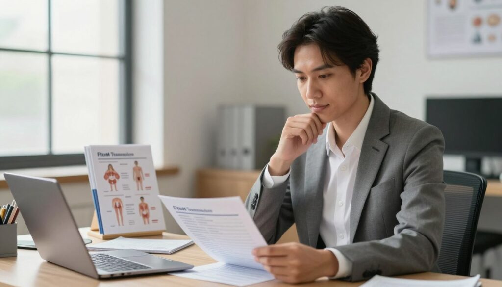 A confident male-to-female transition individual in a professional setting, sitting at a desk in an office, reviewing documents related to medical procedures. In the foreground, focus on the person, dressed in a tailored suit, with a thoughtful expression, looking at a checklist of medical procedures, including therapy and surgery options. The middle ground features a well-organized workspace with medical brochures and a laptop displaying diagrams of the FtM transition process. The background showcases soft office lighting, giving a warm yet serious atmosphere, with neutral colors enhancing the professional vibe. A large window allows natural light to brighten the scene, creating an optimistic mood. A confident male-to-female transition individual in a professional setting, sitting at a desk in an office, reviewing documents related to medical procedures. In the foreground, focus on the person, dressed in a tailored suit, with a thoughtful expression, looking at a checklist of medical procedures, including therapy and surgery options. The middle ground features a well-organized workspace with medical brochures and a laptop displaying diagrams of the FtM transition process. The background showcases soft office lighting, giving a warm yet serious atmosphere, with neutral colors enhancing the professional vibe. A large window allows natural light to brighten the scene, creating an optimistic mood.