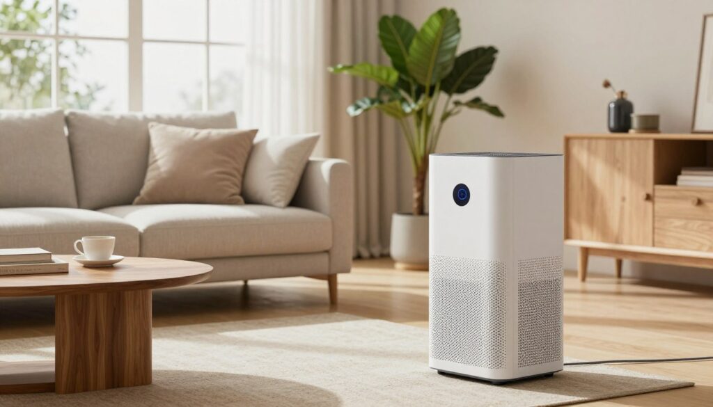 A contemporary living room showcasing advanced air purifiers designed for smart home technology. In the foreground, a sleek, modern air purifier with a minimalist design is placed stylishly on a wooden side table. The middle ground features an inviting sofa adorned with neutral-colored cushions, and a lush indoor plant to emphasize cleanliness and freshness. In the background, large windows allow soft, natural light to flood the room, reflecting a serene and cozy atmosphere. The overall mood is one of innovation and tranquility, illustrating a space where technology seamlessly integrates into everyday life. The composition is shot at eye level with a wide-angle lens, creating a spacious feel. A contemporary living room showcasing advanced air purifiers designed for smart home technology. In the foreground, a sleek, modern air purifier with a minimalist design is placed stylishly on a wooden side table. The middle ground features an inviting sofa adorned with neutral-colored cushions, and a lush indoor plant to emphasize cleanliness and freshness. In the background, large windows allow soft, natural light to flood the room, reflecting a serene and cozy atmosphere. The overall mood is one of innovation and tranquility, illustrating a space where technology seamlessly integrates into everyday life. The composition is shot at eye level with a wide-angle lens, creating a spacious feel.