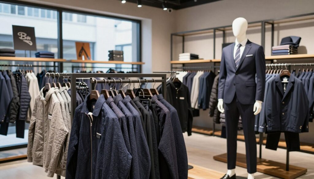 A contemporary scene featuring a stylish and modern Ben Sherman clothing store interior. In the foreground, elegant display racks showcase a variety of Ben Sherman garments, emphasizing their high-quality fabric and craftsmanship. The middle ground includes a well-dressed mannequin in professional attire, wearing a smart Ben Sherman outfit that embodies the brand's commitment to quality. In the background, large windows let in soft, natural light, illuminating the store and highlighting the sophisticated design of the interior. The atmosphere is inviting and upscale, conveying a sense of modernity and attention to detail. The overall mood reflects a blend of tradition and contemporary style, characteristic of the Ben Sherman brand's evolution. A contemporary scene featuring a stylish and modern Ben Sherman clothing store interior. In the foreground, elegant display racks showcase a variety of Ben Sherman garments, emphasizing their high-quality fabric and craftsmanship. The middle ground includes a well-dressed mannequin in professional attire, wearing a smart Ben Sherman outfit that embodies the brand's commitment to quality. In the background, large windows let in soft, natural light, illuminating the store and highlighting the sophisticated design of the interior. The atmosphere is inviting and upscale, conveying a sense of modernity and attention to detail. The overall mood reflects a blend of tradition and contemporary style, characteristic of the Ben Sherman brand's evolution.