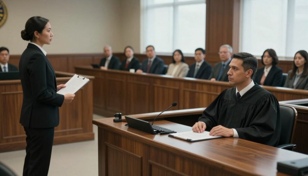 A courtroom scene depicting the proceedings of a family law case focused on alimony. In the foreground, a judge in a black robe presides over the court from an elevated bench, displaying a serious yet approachable expression. To the side, a lawyer in a professional suit stands by, presenting a case with documents in hand, while a client listens intently. The middle space captures a jury box with diverse jurors focused on the proceedings, and an attentive audience in the background. Soft, natural lighting pours in from large windows, casting a calm, focused atmosphere. The angle is slightly elevated, showcasing the organized chaos of a courtroom while emphasizing the authority of the judge and the solemnity of the judicial process. A courtroom scene depicting the proceedings of a family law case focused on alimony. In the foreground, a judge in a black robe presides over the court from an elevated bench, displaying a serious yet approachable expression. To the side, a lawyer in a professional suit stands by, presenting a case with documents in hand, while a client listens intently. The middle space captures a jury box with diverse jurors focused on the proceedings, and an attentive audience in the background. Soft, natural lighting pours in from large windows, casting a calm, focused atmosphere. The angle is slightly elevated, showcasing the organized chaos of a courtroom while emphasizing the authority of the judge and the solemnity of the judicial process.