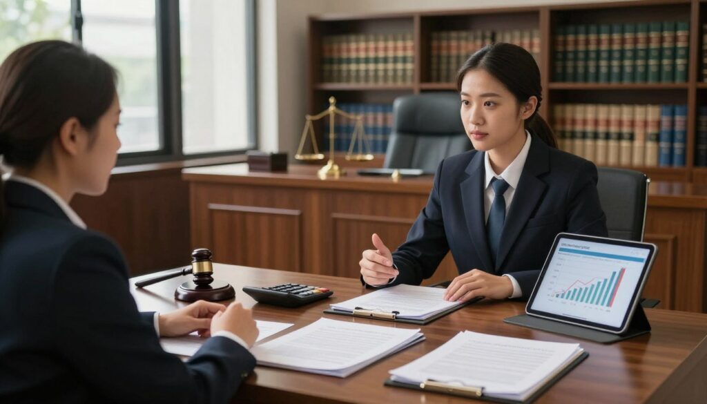 A courtroom scene focused on the concept of legal fees for adverse possession cases. In the foreground, a neatly arranged desk with legal documents, a calculator, and a tablet displaying graphs illustrating costs. To the left, a professional lawyer, dressed in a well-fitted suit, is discussing with a client, who appears engaged and attentive. The middle ground features a judge’s bench and a gavel, symbolizing the judicial setting. The background includes shelves filled with law books, signifying legal expertise. Natural light streams through tall windows, casting soft shadows and creating a serious yet hopeful atmosphere. The overall mood conveys professionalism and the importance of understanding legal fees in property disputes.