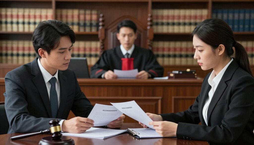 A courtroom setting focused on a family law case regarding alimony termination, with a well-dressed male and female lawyer discussing legal documents in the foreground. The lawyers should have a look of concentration, with papers, a briefcase, and a gavel visible on the table. In the middle ground, a judge's bench is seen, symbolizing the courtroom environment. The background features shelves filled with legal books, adding depth to the scene. Soft, diffused lighting enhances a serious yet professional atmosphere. The angle should be slightly elevated to capture both the lawyers and the judge, conveying the significance of the legal matter at hand. The overall mood should be one of professionalism and urgency, emphasizing the importance of the financial implications in court. A courtroom setting focused on a family law case regarding alimony termination, with a well-dressed male and female lawyer discussing legal documents in the foreground. The lawyers should have a look of concentration, with papers, a briefcase, and a gavel visible on the table. In the middle ground, a judge's bench is seen, symbolizing the courtroom environment. The background features shelves filled with legal books, adding depth to the scene. Soft, diffused lighting enhances a serious yet professional atmosphere. The angle should be slightly elevated to capture both the lawyers and the judge, conveying the significance of the legal matter at hand. The overall mood should be one of professionalism and urgency, emphasizing the importance of the financial implications in court.