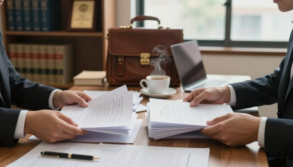 A cozy office scene depicting a lawyer's desk, cluttered with legal documents, pens, and a laptop. In the foreground, a pair of hands professionally dressed in a suit, meticulously organizing a stack of legal papers, highlighting various court documents and draft complaints. The middle ground features a leather-bound briefcase and a coffee cup steaming gently. In the background, a bookshelf filled with law books and framed awards, softly illuminated by natural light filtering through a large window. The atmosphere is serious yet focused, reflecting the importance of legal paperwork in the profession. The lighting is warm and inviting, creating a sense of professionalism and dedication. A cozy office scene depicting a lawyer's desk, cluttered with legal documents, pens, and a laptop. In the foreground, a pair of hands professionally dressed in a suit, meticulously organizing a stack of legal papers, highlighting various court documents and draft complaints. The middle ground features a leather-bound briefcase and a coffee cup steaming gently. In the background, a bookshelf filled with law books and framed awards, softly illuminated by natural light filtering through a large window. The atmosphere is serious yet focused, reflecting the importance of legal paperwork in the profession. The lighting is warm and inviting, creating a sense of professionalism and dedication.