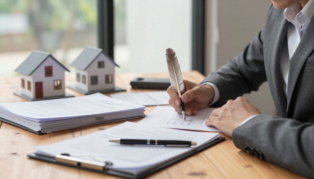 A cozy office space featuring a wooden desk with neatly stacked legal documents and a classic quill pen, symbolizing alternative forms of asset transfer. In the foreground, a soft-focus image of a professional person in business attire, calmly discussing options over a document, exemplifying trust and collaboration. The middle ground presents a tasteful display of miniature house models and symbolic financial documents, highlighting the concept of real estate transfer. The background is softly lit with natural light filtering through large windows, casting gentle shadows and creating an inviting atmosphere. This scene reflects a sense of professionalism and assurance in navigating asset inheritance and gifting processes, without any text or distractions. A cozy office space featuring a wooden desk with neatly stacked legal documents and a classic quill pen, symbolizing alternative forms of asset transfer. In the foreground, a soft-focus image of a professional person in business attire, calmly discussing options over a document, exemplifying trust and collaboration. The middle ground presents a tasteful display of miniature house models and symbolic financial documents, highlighting the concept of real estate transfer. The background is softly lit with natural light filtering through large windows, casting gentle shadows and creating an inviting atmosphere. This scene reflects a sense of professionalism and assurance in navigating asset inheritance and gifting processes, without any text or distractions.