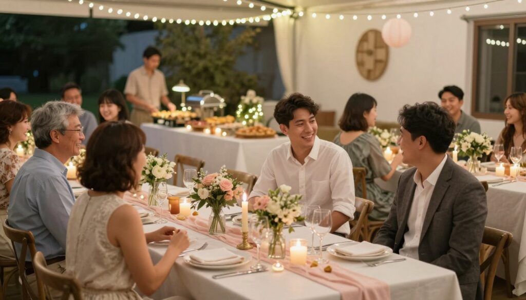 A cozy reception set for a budget-friendly wedding, featuring elegantly arranged tables with soft pastel linens, small floral centerpieces, and flickering candlelight. In the foreground, a cheerful couple in modest semi-formal attire interacts with a small group of joyful guests engaged in conversation. The middle ground showcases a beautifully decorated buffet table filled with delicious yet simple food options, surrounded by tasteful decorations like fairy lights and paper lanterns. In the background, softly lit string lights drape overhead, creating a warm and inviting atmosphere. The scene is captured in soft, natural lighting, from a slightly elevated angle, evoking a sense of intimacy and celebration. The overall mood is cheerful and welcoming, embodying a delightful yet budget-conscious wedding reception. A cozy reception set for a budget-friendly wedding, featuring elegantly arranged tables with soft pastel linens, small floral centerpieces, and flickering candlelight. In the foreground, a cheerful couple in modest semi-formal attire interacts with a small group of joyful guests engaged in conversation. The middle ground showcases a beautifully decorated buffet table filled with delicious yet simple food options, surrounded by tasteful decorations like fairy lights and paper lanterns. In the background, softly lit string lights drape overhead, creating a warm and inviting atmosphere. The scene is captured in soft, natural lighting, from a slightly elevated angle, evoking a sense of intimacy and celebration. The overall mood is cheerful and welcoming, embodying a delightful yet budget-conscious wedding reception.