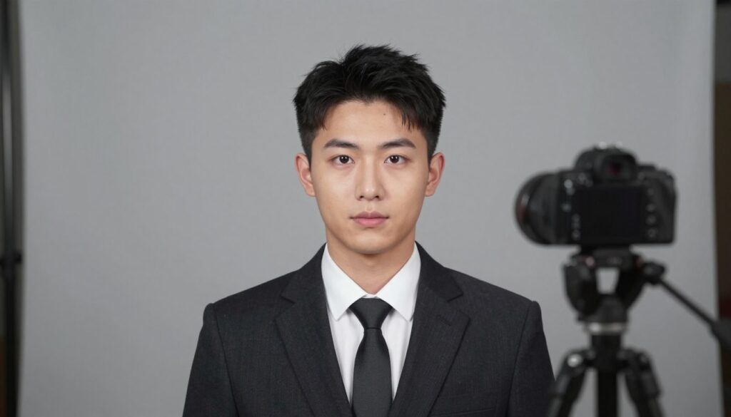 A crisp and clear image of a professional passport photo setup. In the foreground, a neutral gray backdrop is perfectly lit to highlight the subject. A well-groomed individual wearing formal business attire is positioned in the center, maintaining a straightforward expression. Soft, even lighting illuminates their face, eliminating shadows and ensuring true skin tones. The camera angle is straight on, mimicking official passport photo standards. In the middle ground, a simple camera on a tripod is visible, focusing on the subject. The background remains unobtrusive, enhancing the professional quality of the image. The atmosphere is serious yet approachable, conveying a sense of professionalism and attention to detail, ideal for illustrating passport photo requirements. A crisp and clear image of a professional passport photo setup. In the foreground, a neutral gray backdrop is perfectly lit to highlight the subject. A well-groomed individual wearing formal business attire is positioned in the center, maintaining a straightforward expression. Soft, even lighting illuminates their face, eliminating shadows and ensuring true skin tones. The camera angle is straight on, mimicking official passport photo standards. In the middle ground, a simple camera on a tripod is visible, focusing on the subject. The background remains unobtrusive, enhancing the professional quality of the image. The atmosphere is serious yet approachable, conveying a sense of professionalism and attention to detail, ideal for illustrating passport photo requirements.
