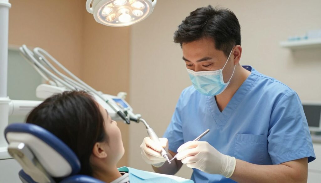 A dental clinic interior featuring a focused scene of a dentist in professional attire, gently removing a wisdom tooth from a patient who appears calm and relaxed in a dental chair. In the foreground, close-up on dental tools, including forceps and a suction device, reflecting bright overhead lighting. The middle section includes the dentist's attentiveness as they explain the procedure to the patient, creating an atmosphere of trust and professionalism. In the background, soft, blurred details of dental equipment and soothing colors on the walls, enhancing a comforting and safe environment. The lighting is warm and inviting, casting soft shadows, promoting a peaceful mood suitable for a healthcare setting. No text or indicators present. A dental clinic interior featuring a focused scene of a dentist in professional attire, gently removing a wisdom tooth from a patient who appears calm and relaxed in a dental chair. In the foreground, close-up on dental tools, including forceps and a suction device, reflecting bright overhead lighting. The middle section includes the dentist's attentiveness as they explain the procedure to the patient, creating an atmosphere of trust and professionalism. In the background, soft, blurred details of dental equipment and soothing colors on the walls, enhancing a comforting and safe environment. The lighting is warm and inviting, casting soft shadows, promoting a peaceful mood suitable for a healthcare setting. No text or indicators present.