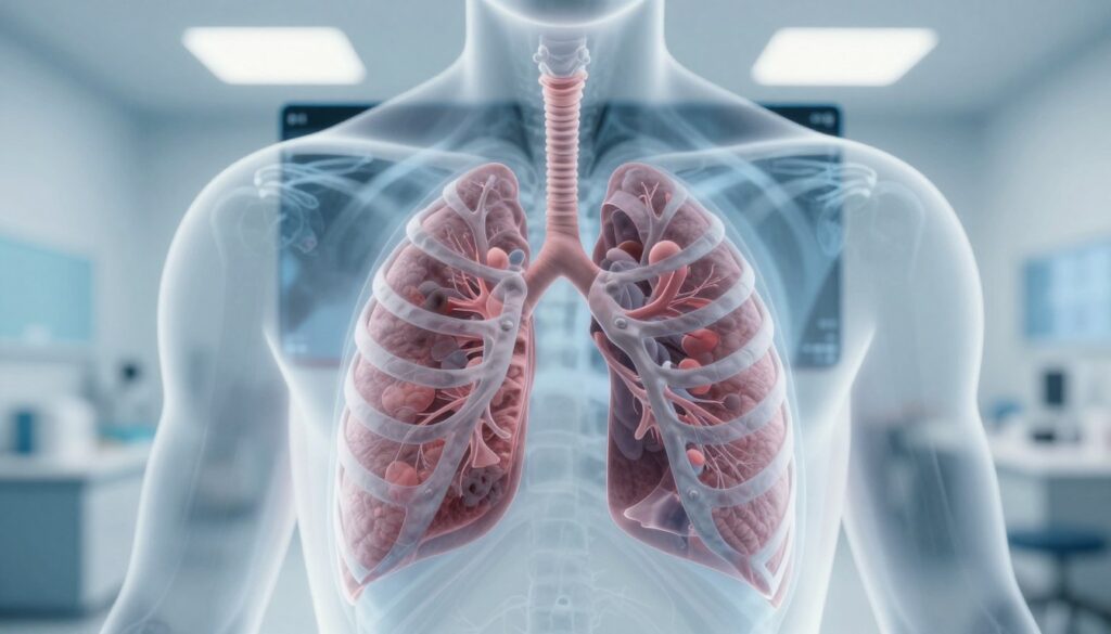A detailed anatomical image of a human chest featuring a clear, artistic representation of the lungs and rib cage, illustrated in a medical style. In the foreground, showcase the chest's outline with intricate details of the rib cage and lung structure, highlighting the bronchi and alveoli. The middle ground should include a soft-focus x-ray depiction of the lungs, emphasizing any potential issues, but maintaining a clear and educational aesthetic. In the background, an abstract representation of a medical setting, such as a radiology room with soft, clinical lighting, contributing to a calm and informative atmosphere. The image should be well-lit with a slight emphasis on shadows to enhance depth, using a lens effect that accents the clarity of the anatomical details. A detailed anatomical image of a human chest featuring a clear, artistic representation of the lungs and rib cage, illustrated in a medical style. In the foreground, showcase the chest's outline with intricate details of the rib cage and lung structure, highlighting the bronchi and alveoli. The middle ground should include a soft-focus x-ray depiction of the lungs, emphasizing any potential issues, but maintaining a clear and educational aesthetic. In the background, an abstract representation of a medical setting, such as a radiology room with soft, clinical lighting, contributing to a calm and informative atmosphere. The image should be well-lit with a slight emphasis on shadows to enhance depth, using a lens effect that accents the clarity of the anatomical details.