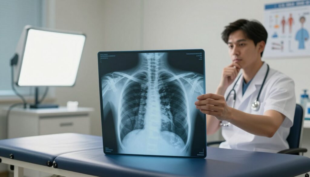 A detailed and educational illustration of a human chest x-ray on a medical examination table, with a focus on the anatomical structure of the lungs and surrounding areas. In the foreground, a realistic, clear x-ray image displaying the lungs, heart, and ribs. In the middle ground, an illuminated examination room setting with medical equipment, such as a lightbox displaying the x-ray. The background shows a neutral-colored wall with medical charts and diagrams. The lighting is bright and clinical, creating a professional atmosphere. A healthcare professional in modest, professional attire, examining the x-ray with a thoughtful expression, as if preparing for patient consultation, enhancing the educational theme of the image. A detailed and educational illustration of a human chest x-ray on a medical examination table, with a focus on the anatomical structure of the lungs and surrounding areas. In the foreground, a realistic, clear x-ray image displaying the lungs, heart, and ribs. In the middle ground, an illuminated examination room setting with medical equipment, such as a lightbox displaying the x-ray. The background shows a neutral-colored wall with medical charts and diagrams. The lighting is bright and clinical, creating a professional atmosphere. A healthcare professional in modest, professional attire, examining the x-ray with a thoughtful expression, as if preparing for patient consultation, enhancing the educational theme of the image.