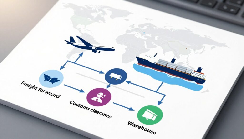 A detailed and modern operational structure diagram for a logistics company specializing in air and sea transport. In the foreground, show a sleek, stylized flowchart that illustrates the key operational areas such as freight forwarding, customs clearance, and warehousing, represented with distinct, colorful icons. In the middle ground, include visual elements like airplane and cargo ship silhouettes, symbolizing air and sea logistics, interconnected with arrows to depict workflow. The background can feature a global map with highlighted trade routes, emphasizing international reach. The lighting should be bright and clear, simulating a digital workspace, with a dynamic angle that suggests innovation and efficiency. The overall atmosphere should feel professional and forward-thinking, suitable for a logistics operator's presentation. A detailed and modern operational structure diagram for a logistics company specializing in air and sea transport. In the foreground, show a sleek, stylized flowchart that illustrates the key operational areas such as freight forwarding, customs clearance, and warehousing, represented with distinct, colorful icons. In the middle ground, include visual elements like airplane and cargo ship silhouettes, symbolizing air and sea logistics, interconnected with arrows to depict workflow. The background can feature a global map with highlighted trade routes, emphasizing international reach. The lighting should be bright and clear, simulating a digital workspace, with a dynamic angle that suggests innovation and efficiency. The overall atmosphere should feel professional and forward-thinking, suitable for a logistics operator's presentation.