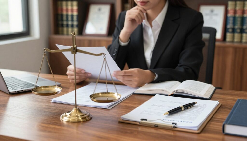 A detailed and professional scene focusing on the concept of asset value in a legal context. In the foreground, place a polished wooden desk with a neatly arranged set of documents and a stylish pen. A financial balance scale stands prominently, symbolizing asset valuation. In the middle, a businessperson in professional attire, either male or female, is analyzing papers while looking thoughtfully at a ledger, illustrating deliberation over asset worth. The background features a sophisticated office environment with shelves filled with law books and framed certificates, evoking a sense of professionalism. Soft, natural lighting filters through a nearby window, creating a warm and inviting atmosphere. The camera angle should be slightly above the desk, offering a clear view of the arrangement and the subject's engaged expression. A detailed and professional scene focusing on the concept of asset value in a legal context. In the foreground, place a polished wooden desk with a neatly arranged set of documents and a stylish pen. A financial balance scale stands prominently, symbolizing asset valuation. In the middle, a businessperson in professional attire, either male or female, is analyzing papers while looking thoughtfully at a ledger, illustrating deliberation over asset worth. The background features a sophisticated office environment with shelves filled with law books and framed certificates, evoking a sense of professionalism. Soft, natural lighting filters through a nearby window, creating a warm and inviting atmosphere. The camera angle should be slightly above the desk, offering a clear view of the arrangement and the subject's engaged expression.