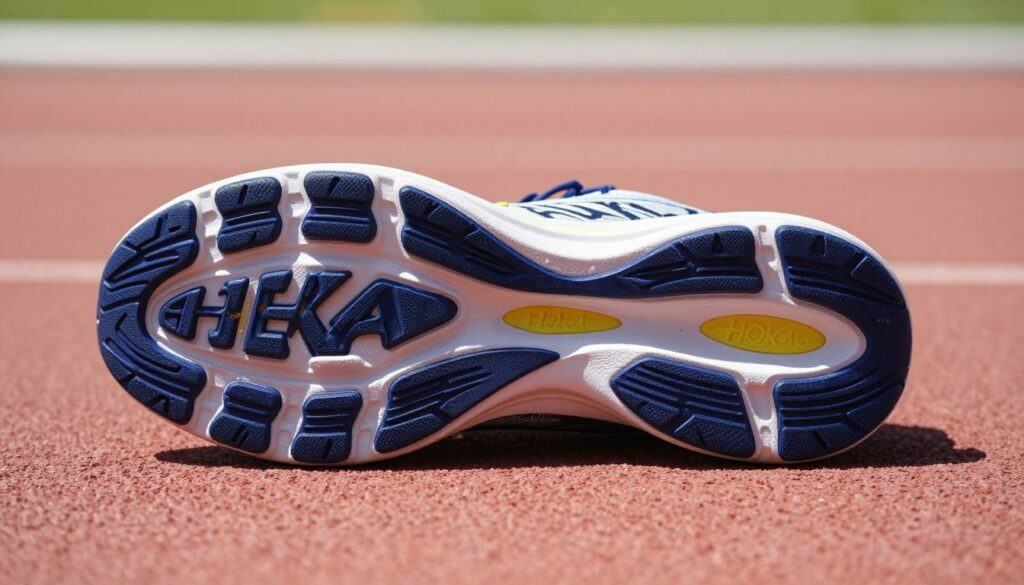 A detailed close-up of a Hoka running shoe sole, showcasing its unique cushioning system and stability features. The foreground highlights the intricate design of the sole with visible grooves and the signature Hoka logo, emphasizing the innovative materials used. In the middle ground, soft shadowing enhances the shoe's contours, drawing attention to its support structure. The background is blurred with a minimalistic texture that suggests a running track or outdoor environment, contributing to the athletic theme. The image is well-lit with natural lighting to highlight the shoe’s features, creating a dynamic and energetic atmosphere. Capture the essence of stability and performance through a low angle perspective, making the shoe appear robust and ready for action. A detailed close-up of a Hoka running shoe sole, showcasing its unique cushioning system and stability features. The foreground highlights the intricate design of the sole with visible grooves and the signature Hoka logo, emphasizing the innovative materials used. In the middle ground, soft shadowing enhances the shoe's contours, drawing attention to its support structure. The background is blurred with a minimalistic texture that suggests a running track or outdoor environment, contributing to the athletic theme. The image is well-lit with natural lighting to highlight the shoe’s features, creating a dynamic and energetic atmosphere. Capture the essence of stability and performance through a low angle perspective, making the shoe appear robust and ready for action.