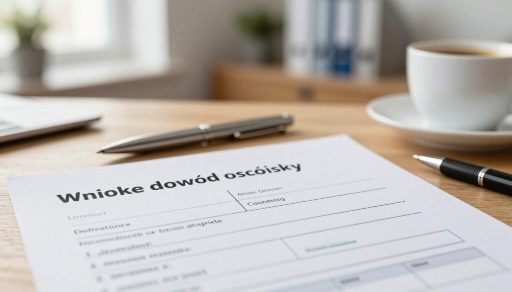 A detailed close-up of a Polish identity card application form (wniosek dowód osobisty) placed on a wooden desk, with a pen and a cup of coffee beside it. In the background, a soft-focus view of a well-organized office environment, hinting at administrative work. Natural light streams in through a window, creating a warm, inviting atmosphere. The form should be partially filled out, showcasing its key sections, but without any personal data. The composition should evoke a sense of professionalism and readiness, perfect for illustrating the topic of applying for a new identity document. Use a shallow depth of field to emphasize the application form while softly blurring the background elements. A detailed close-up of a Polish identity card application form (wniosek dowód osobisty) placed on a wooden desk, with a pen and a cup of coffee beside it. In the background, a soft-focus view of a well-organized office environment, hinting at administrative work. Natural light streams in through a window, creating a warm, inviting atmosphere. The form should be partially filled out, showcasing its key sections, but without any personal data. The composition should evoke a sense of professionalism and readiness, perfect for illustrating the topic of applying for a new identity document. Use a shallow depth of field to emphasize the application form while softly blurring the background elements.