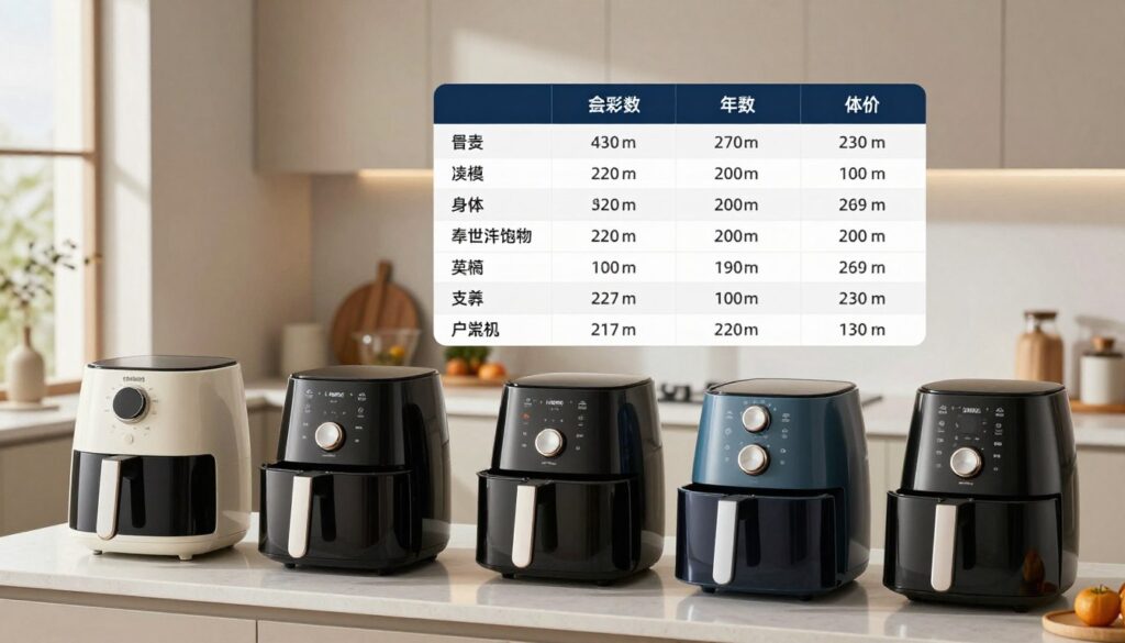 A detailed comparison of air fryer performance, featuring several models prominently displayed in the foreground. Each air fryer is placed on a sleek kitchen countertop, showcasing the brand logos clearly. The middle ground features a side-by-side comparison chart highlighting the unique features and efficiency metrics of each device, illuminated by soft, natural lighting. In the background, a modern kitchen setting can be seen, with neutral colors and elegant decor, reinforcing a contemporary home environment. The overall mood is informative and professional, inviting the viewer to engage with the specific details of the air fryers without distractions. The angle is slightly elevated, providing a comprehensive view of the products and the chart.