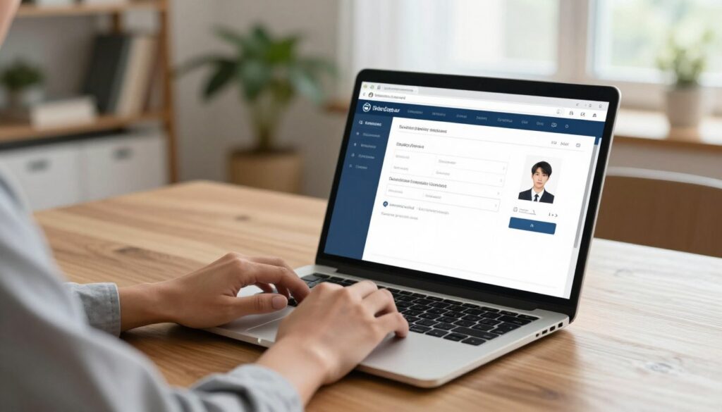 A detailed composition illustrating an online application for a national identity card, featuring a modern, spacious home office setting. In the foreground, a sleek laptop is open on a stylish wooden desk, displaying a well-designed digital application form for the identity card. A person's hands, dressed in professional business attire, are actively typing. In the middle, a clear view of the laptop screen shows fields for personal information and an ID photo upload section. The background features soft-focus elements like a bookshelf, a potted plant, and warm, natural lighting streaming in through a window, creating a calm and productive atmosphere. The overall mood is focused and efficient, capturing the essence of online document application. A detailed composition illustrating an online application for a national identity card, featuring a modern, spacious home office setting. In the foreground, a sleek laptop is open on a stylish wooden desk, displaying a well-designed digital application form for the identity card. A person's hands, dressed in professional business attire, are actively typing. In the middle, a clear view of the laptop screen shows fields for personal information and an ID photo upload section. The background features soft-focus elements like a bookshelf, a potted plant, and warm, natural lighting streaming in through a window, creating a calm and productive atmosphere. The overall mood is focused and efficient, capturing the essence of online document application.