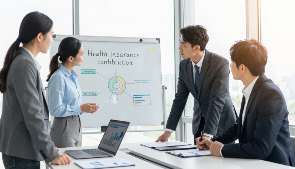 A detailed composition illustrating the concept of "health insurance contribution" in a professional setting. In the foreground, a diverse group of three business people, dressed in smart business attire, stands around a modern conference table covered with documents and a laptop displaying financial charts. In the middle ground, a whiteboard filled with colorful diagrams outlines the principles of health contributions. In the background, large windows let in bright, natural light, casting a warm glow over the scene. The atmosphere is focused and collaborative, reflecting a serious discussion about health insurance costs for entrepreneurs. The composition should be shot from a slightly elevated angle, emphasizing the interaction among the individuals and the materials on the table. A detailed composition illustrating the concept of "health insurance contribution" in a professional setting. In the foreground, a diverse group of three business people, dressed in smart business attire, stands around a modern conference table covered with documents and a laptop displaying financial charts. In the middle ground, a whiteboard filled with colorful diagrams outlines the principles of health contributions. In the background, large windows let in bright, natural light, casting a warm glow over the scene. The atmosphere is focused and collaborative, reflecting a serious discussion about health insurance costs for entrepreneurs. The composition should be shot from a slightly elevated angle, emphasizing the interaction among the individuals and the materials on the table.