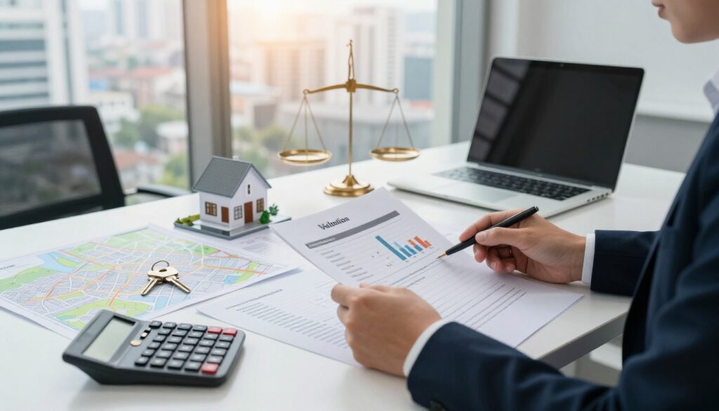 A detailed composition of real estate valuation components, set on a sleek desk in an office. In the foreground, a smartly dressed individual, wearing professional business attire, examines a detailed report, surrounded by documents, a calculator, and a laptop illuminated by soft, natural light. In the middle, various physical elements symbolize valuation factors: a set of house keys, a scale model of a house, and city zoning maps scattered around. In the background, a large window offers a view of a bustling urban landscape bathed in warm daylight, hinting at market dynamics. The mood is professional and analytical, emphasizing the meticulous nature of property valuation with a clean and organized aesthetic. The angle captures both the individual and the surrounding office environment harmoniously, contributing to an atmosphere of focus and expertise. A detailed composition of real estate valuation components, set on a sleek desk in an office. In the foreground, a smartly dressed individual, wearing professional business attire, examines a detailed report, surrounded by documents, a calculator, and a laptop illuminated by soft, natural light. In the middle, various physical elements symbolize valuation factors: a set of house keys, a scale model of a house, and city zoning maps scattered around. In the background, a large window offers a view of a bustling urban landscape bathed in warm daylight, hinting at market dynamics. The mood is professional and analytical, emphasizing the meticulous nature of property valuation with a clean and organized aesthetic. The angle captures both the individual and the surrounding office environment harmoniously, contributing to an atmosphere of focus and expertise.