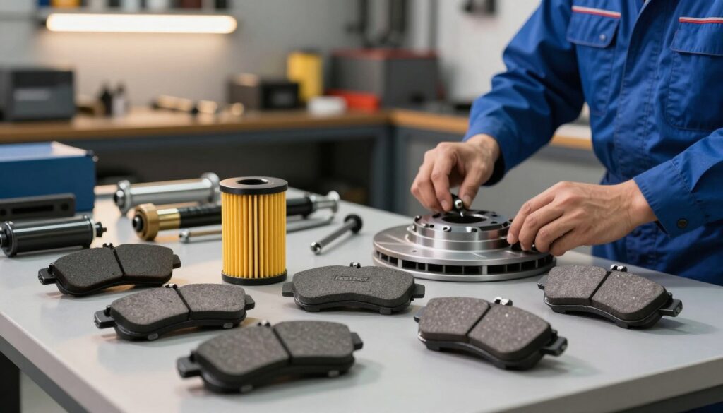 A detailed composition showcasing various Maxgear car parts, such as brake pads, filters, and suspension components, arranged artfully on a clean workshop table. In the foreground, highlight the textures and branding of the parts, with a professional mechanic's hands adjusting a brake component, dressed in a blue jumpsuit, emphasizing attention to detail. The middle ground features other automotive tools and equipment, subtly blurred to maintain focus on the Maxgear products. The background should display a well-organized garage, illuminated by soft overhead lighting that creates a warm, inviting atmosphere. Use a shallow depth of field to draw attention to the Maxgear parts while adding a hint of industrial ambiance. A detailed composition showcasing various Maxgear car parts, such as brake pads, filters, and suspension components, arranged artfully on a clean workshop table. In the foreground, highlight the textures and branding of the parts, with a professional mechanic's hands adjusting a brake component, dressed in a blue jumpsuit, emphasizing attention to detail. The middle ground features other automotive tools and equipment, subtly blurred to maintain focus on the Maxgear products. The background should display a well-organized garage, illuminated by soft overhead lighting that creates a warm, inviting atmosphere. Use a shallow depth of field to draw attention to the Maxgear parts while adding a hint of industrial ambiance.