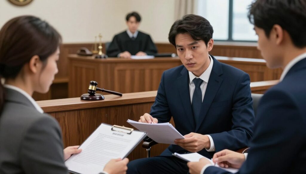 A detailed court scene illustrating the concept of legal representation expenses. In the foreground, a well-dressed lawyer in a sharp navy suit attentively discusses documents with a concerned client in a smart business attire. The client holds a folder filled with papers, representing legal fees and expenditures. In the middle, a courtroom setting with wooden benches and a judge's podium, emphasizing the formal atmosphere. In the background, the judge's gavel rests prominently on the bench, hinting at the seriousness of the matter. Soft, natural lighting from large windows illuminates the room, creating a somber yet professional mood. The angle captures the depth of the courtroom while focusing on the lawyer-client interaction, highlighting the financial aspects of legal representation without any text or distractions. A detailed court scene illustrating the concept of legal representation expenses. In the foreground, a well-dressed lawyer in a sharp navy suit attentively discusses documents with a concerned client in a smart business attire. The client holds a folder filled with papers, representing legal fees and expenditures. In the middle, a courtroom setting with wooden benches and a judge's podium, emphasizing the formal atmosphere. In the background, the judge's gavel rests prominently on the bench, hinting at the seriousness of the matter. Soft, natural lighting from large windows illuminates the room, creating a somber yet professional mood. The angle captures the depth of the courtroom while focusing on the lawyer-client interaction, highlighting the financial aspects of legal representation without any text or distractions.